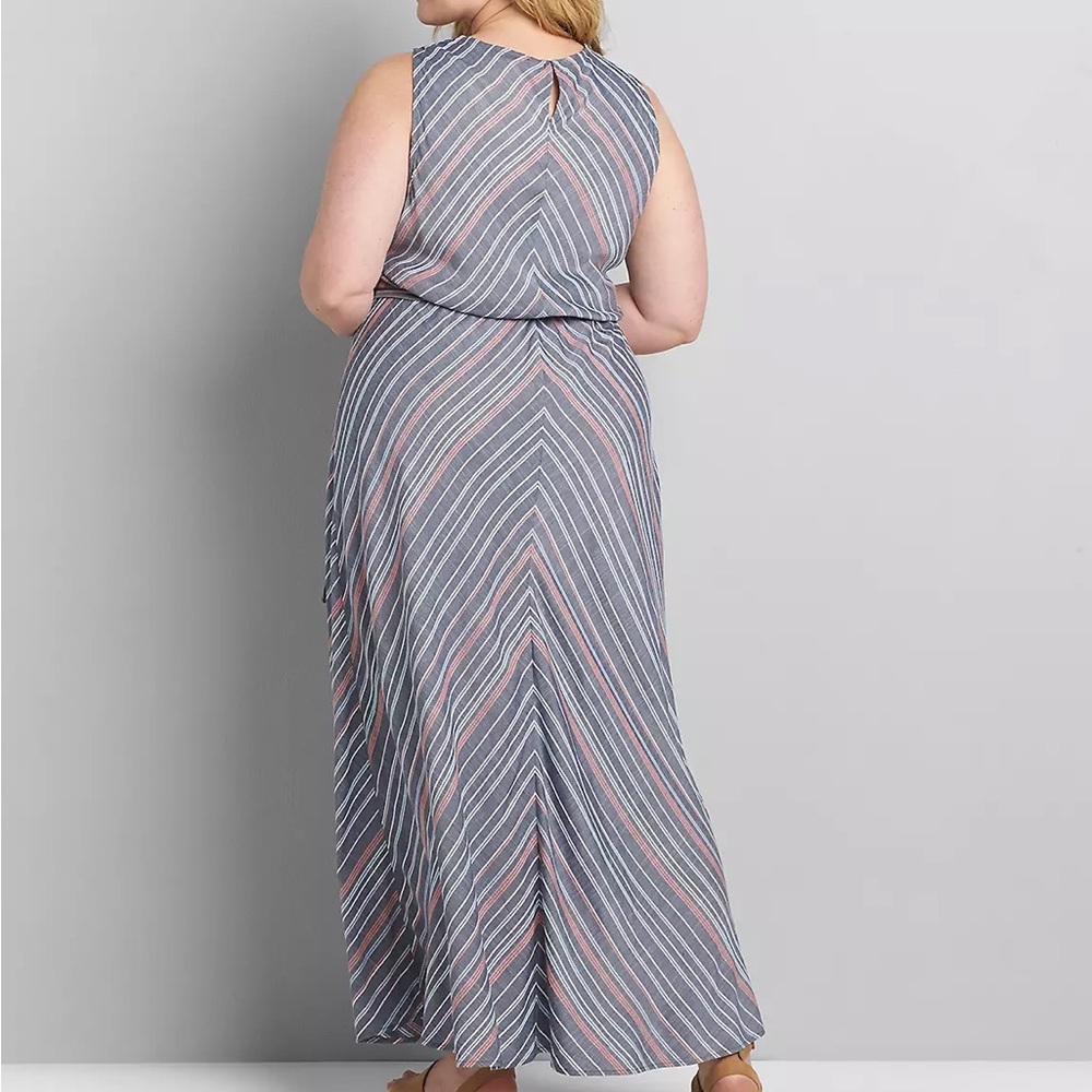 Lane Bryant Women 20 Blue Striped Belted Scoop Neck Sleeveless Maxi Dress - Picture 2 of 12